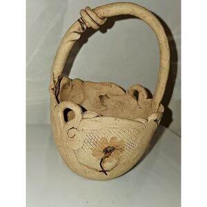 Handmade Rustic Clay Basket Primitive Folk Art Pottery BoHo Shelf Decor